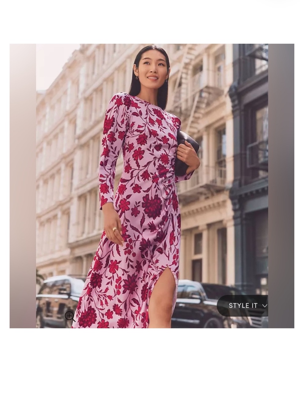 Ann Taylor Floral Long Sleeve Ruched Satin Midi Dress Pink Red Size 4 NWT